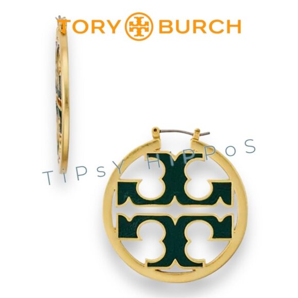 Authentic Tory Burch Miller Hoops in Hunter Green and Gold - Picture 1 of 6
